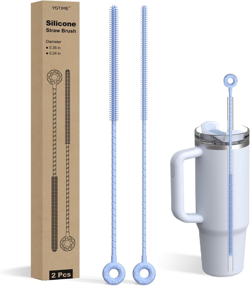 YOTIME Silicone Straw Cleaner Brush, 2 Pcs Reusable Straw Brush(6mm+9mm) for Cleaning Narrow & Wide Straws, Tumblers, Blue - Image 1